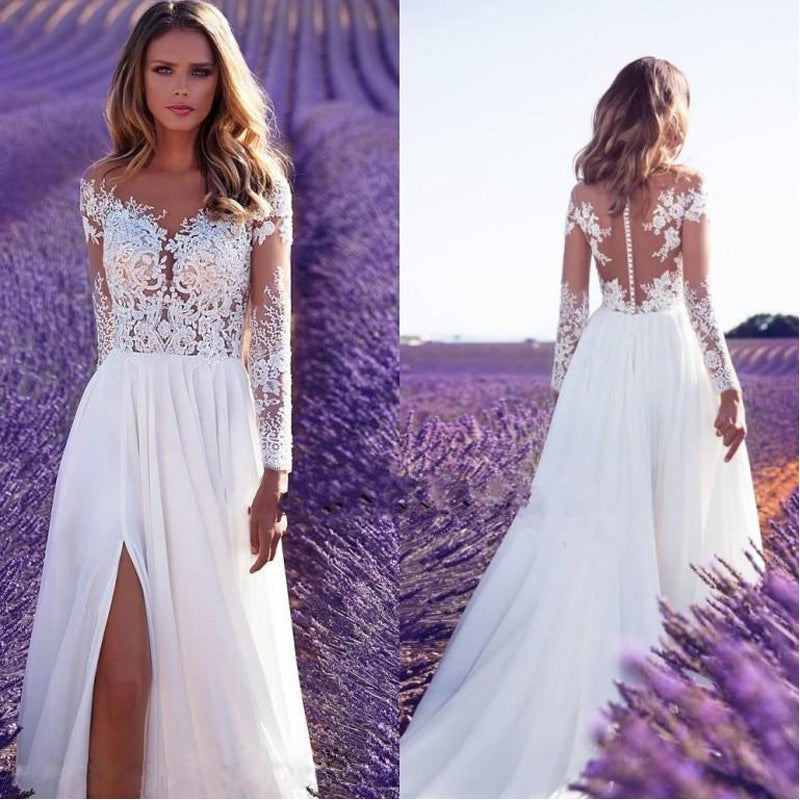 Lace Off Shoulder Long Sleeve Chiffon Maxi Wedding Dress - View 2