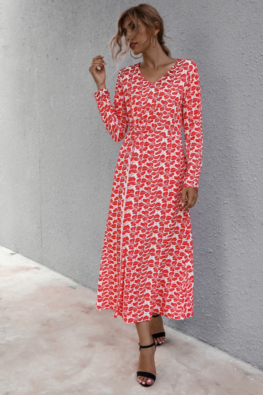 V-neck Printed Waist Slit Long Sleeve Dress - Fashionpara