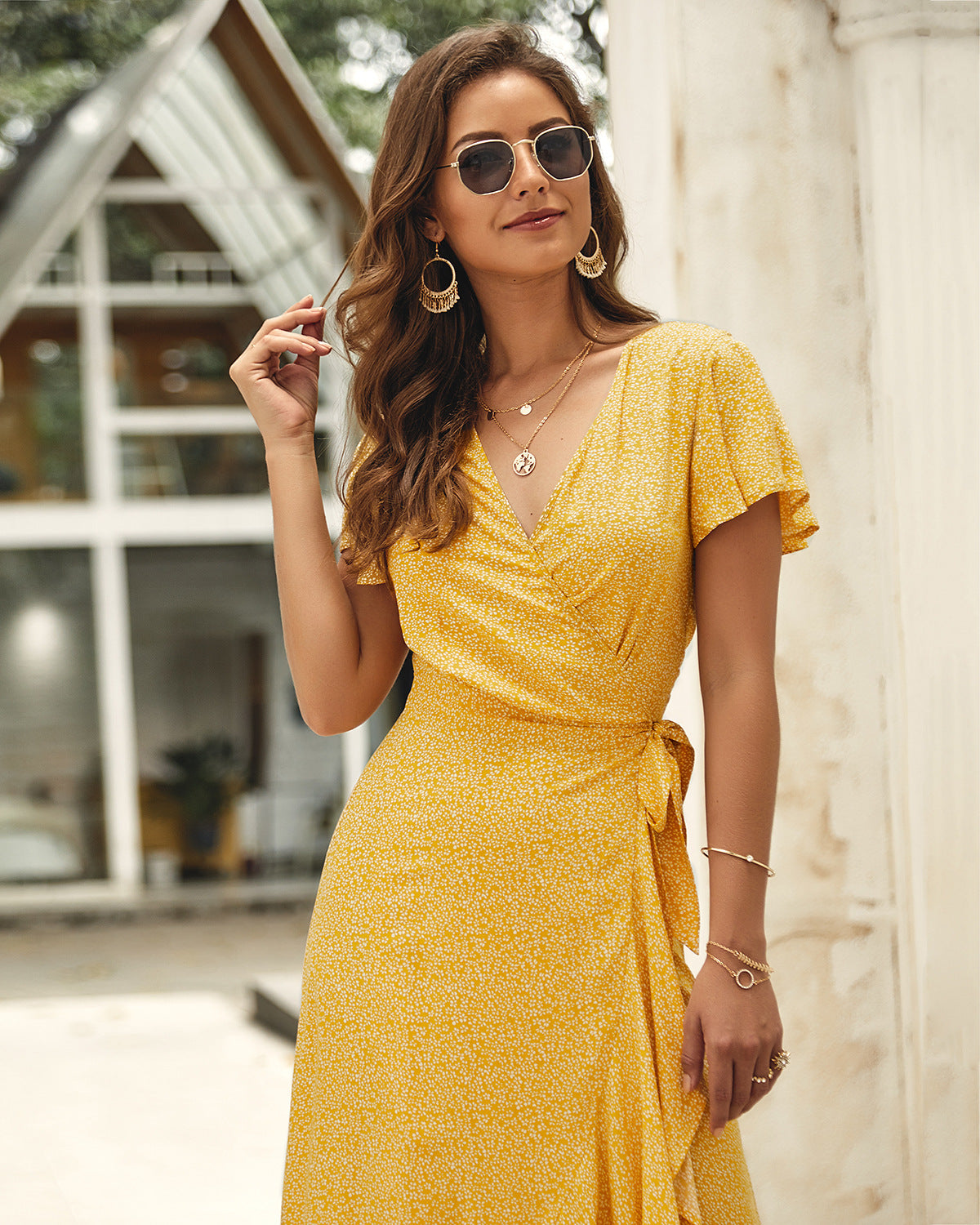 Floral Print V-Neck Flutter Sleeve Wrap Maxi Dress