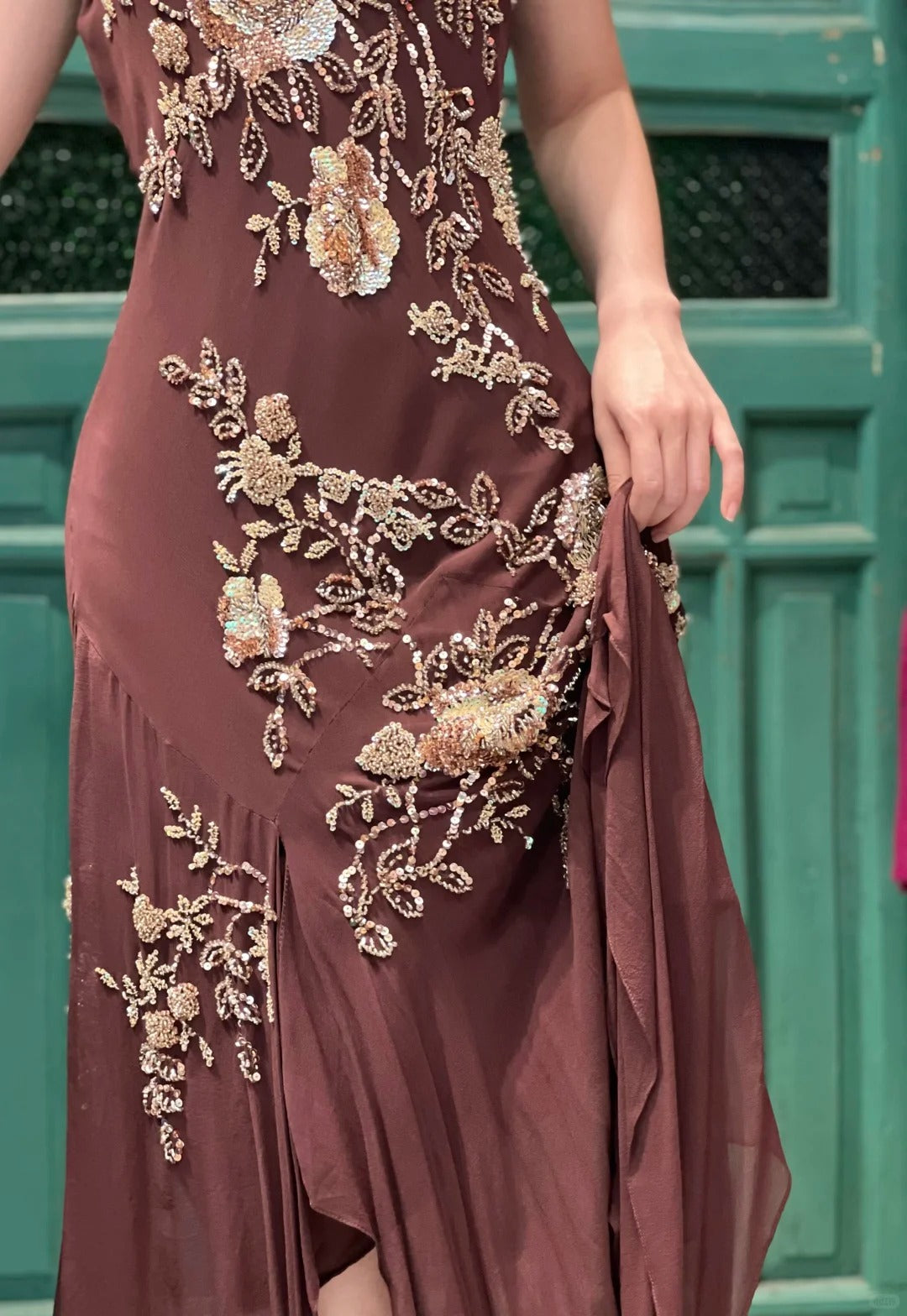 Vintage Brown Irregular Strap Beaded Sequined Prom Dress Evening Dress P4117