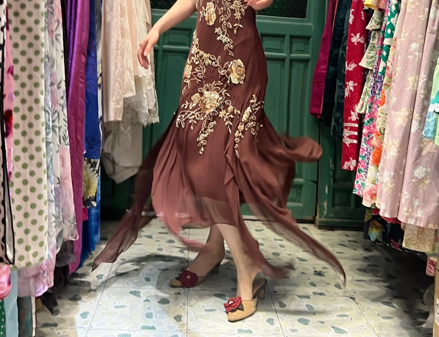 Vintage Brown Irregular Strap Beaded Sequined Prom Dress Evening Dress P4117