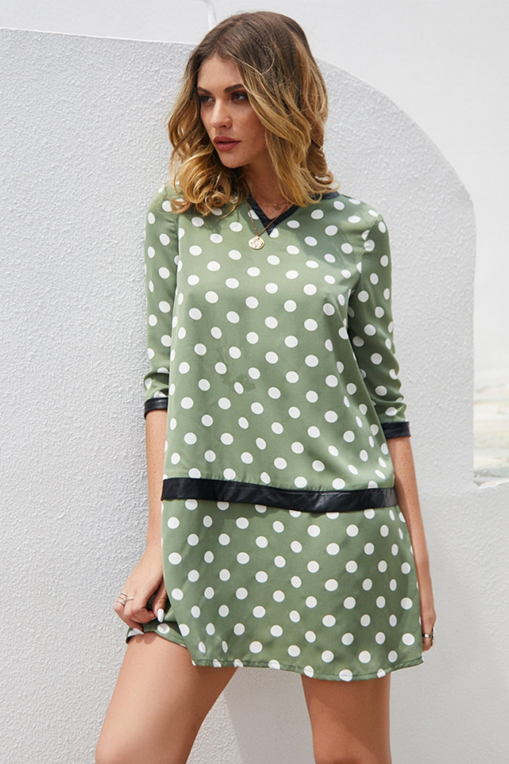 Polka Dot Leather Panel Dress - Fashionpara