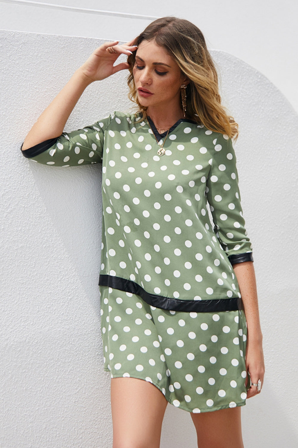 Polka Dot Leather Panel Dress - Fashionpara