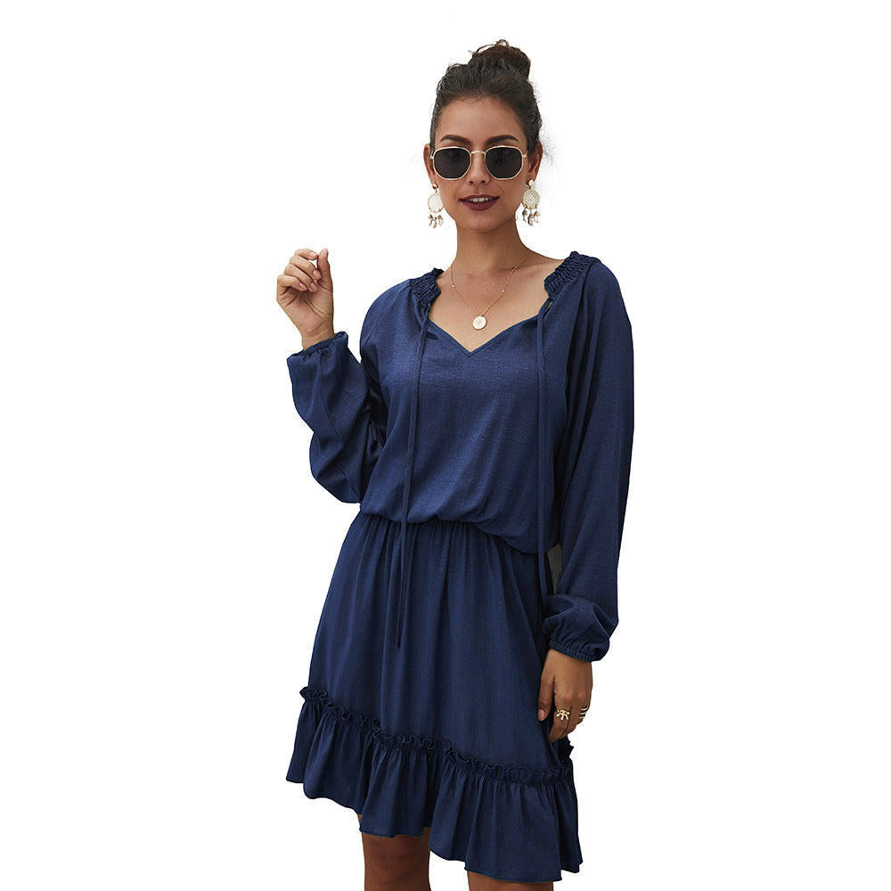V-Neck Long Sleeve Ruffle Hem Mini Dress