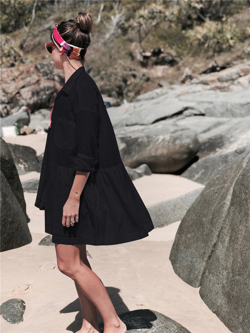 Collared Long Sleeve Button Front Cover-Up Mini Dress