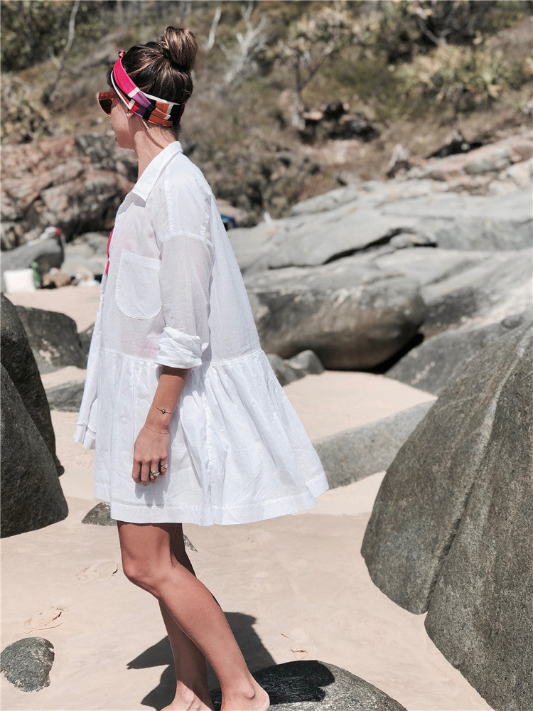 Dodie Cotton Pocketed Puff Sleeve Babydoll Dress - White - Fashionpara