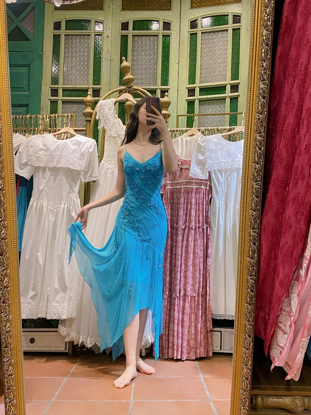 Elegant Blue Irregular Deep V Halter Beaded Chiffon Prom Dress Evening Dress P4118