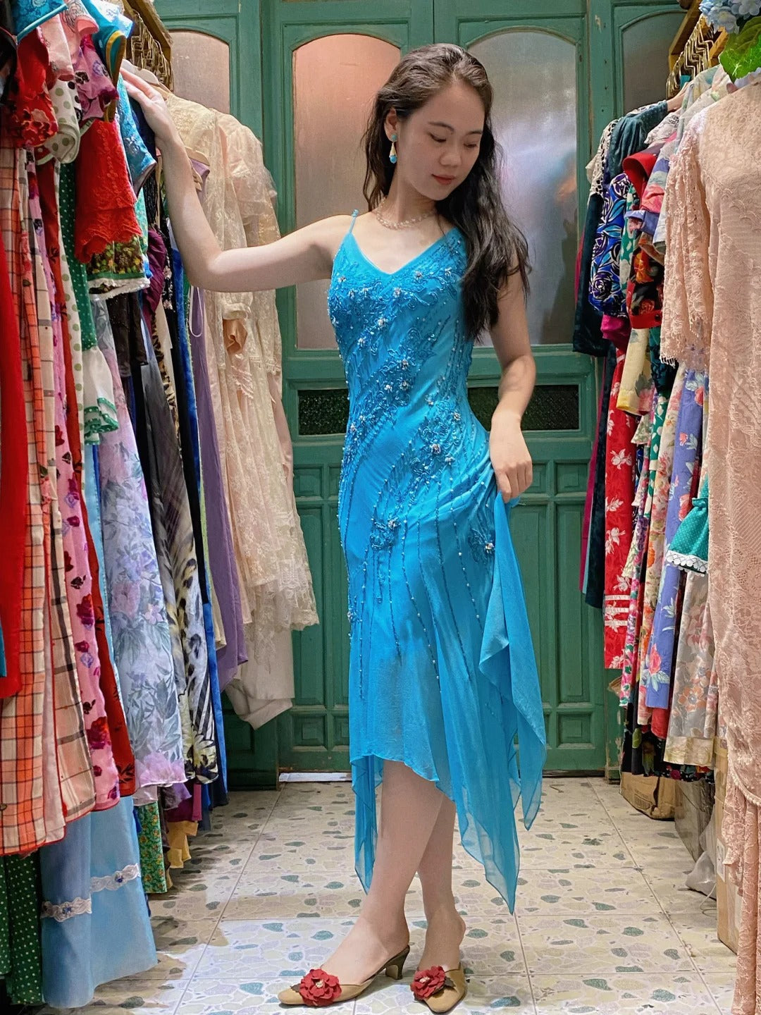 Elegant Blue Irregular Deep V Halter Beaded Chiffon Prom Dress Evening Dress P4118