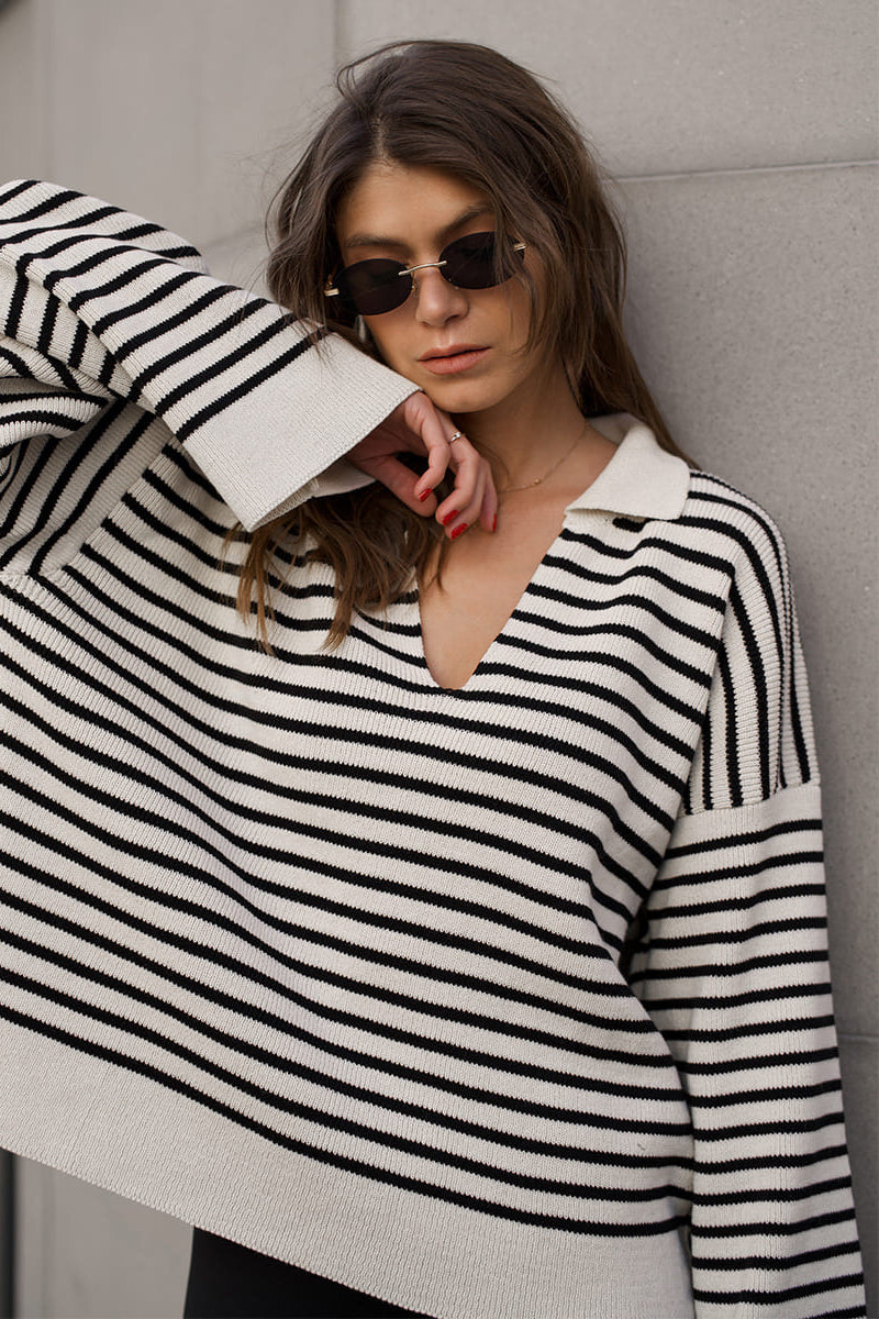 PrincessAce Striped Polo Neck Knit Sweater for Effortless Style