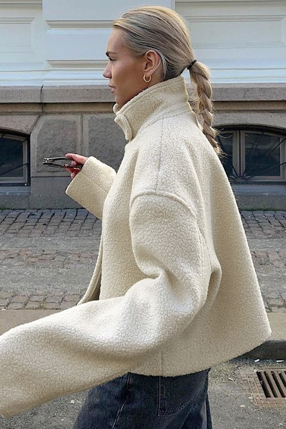 Faux Shearling Stand Collar Cropped Coat - Fashionpara