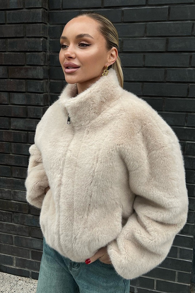 Zip Up Fuzzy Stand Collar Coat - Fashionpara