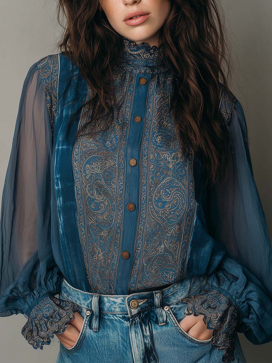 Vintage Bohemian Chiffon Printed Blouse With Lace Trim - Fashionpara