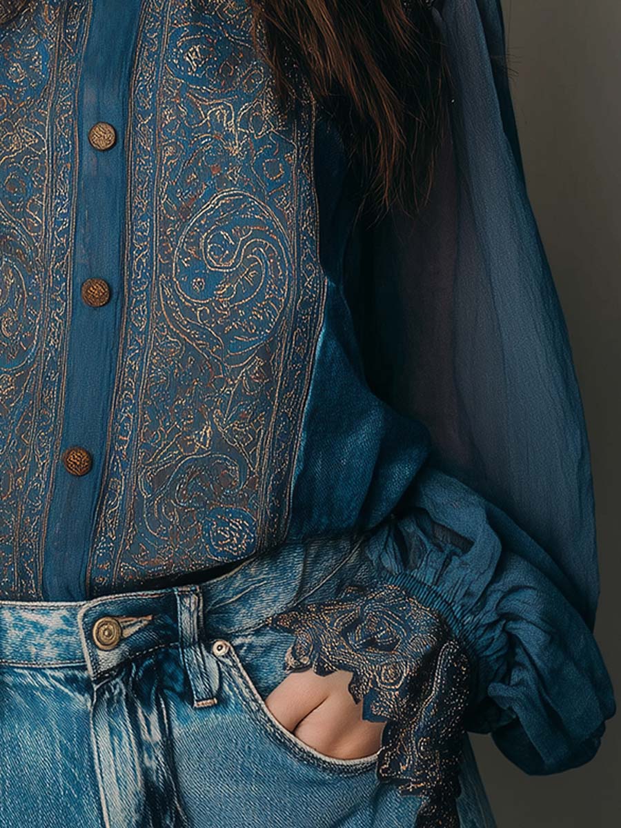 Vintage Bohemian Chiffon Printed Blouse With Lace Trim - Fashionpara