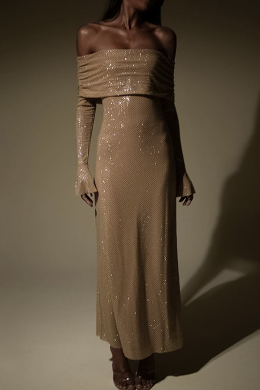 Rhinestone Off Shoulder Long Sleeve Bodycon Dress 6
