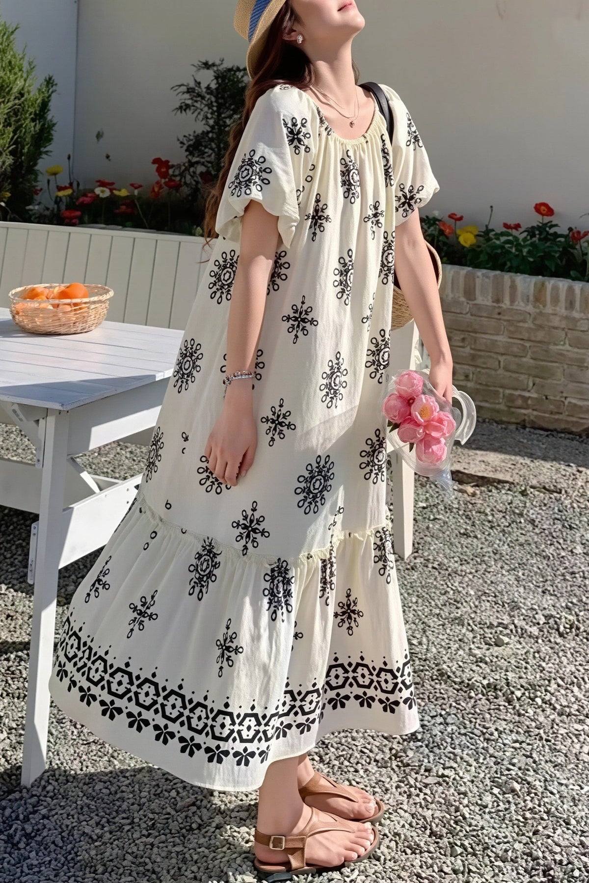 Embroidered Square Neck Flutter Sleeve Tiered Maxi Dress