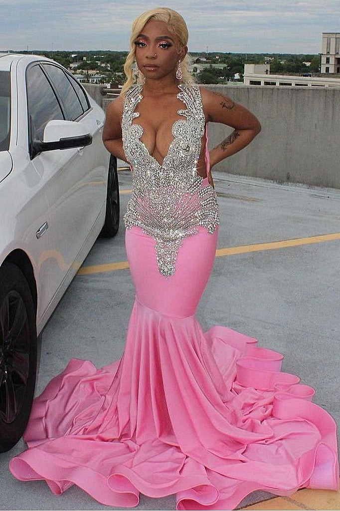 Elegant Long Pink Mermaid Court Train Prom Party Dresses wth Silver Beads - Fashionpara