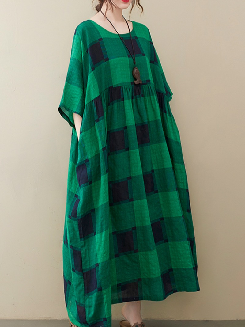 Plaid Round Neck Short Sleeve Oversized Smock Maxi Dress