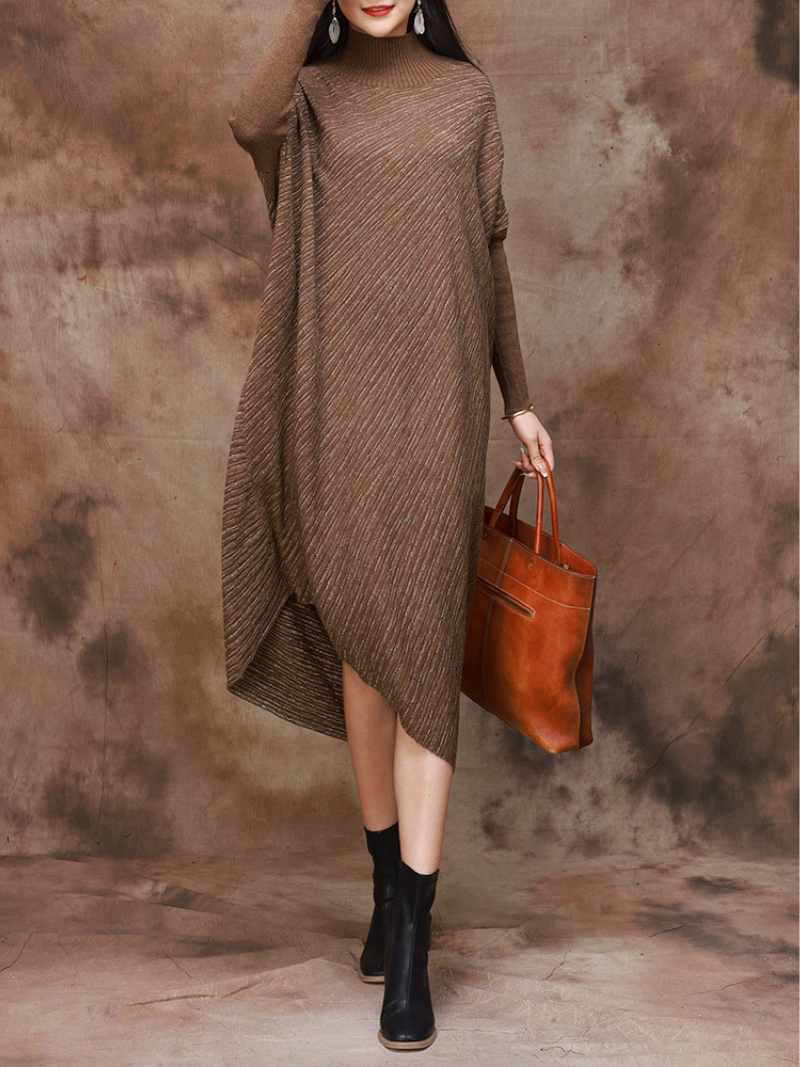Plus Size Knitted Loose Bat Sleeve Stripe Midi Dress for Women - Fashionpara