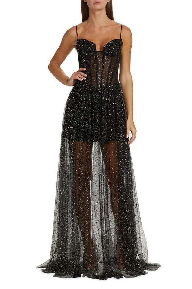 Glitter Tulle Sweetheart Corset Sheer Maxi Gown