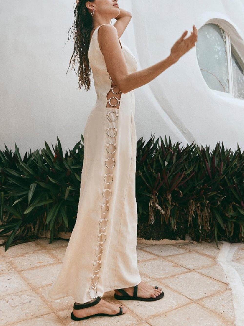 Signature Printed Hoop-Embellished Sleeveless Midi Dress - Fashionpara