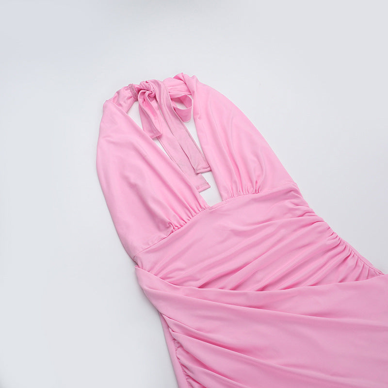 Deep V-Neck Halter Ruched High-Slit Maxi Dress 11