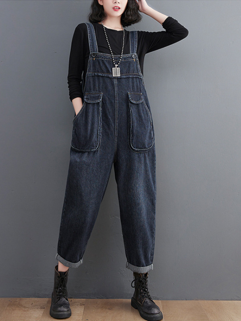 Literary Retro Large Size Loose Black Denim Overalls - Fashionpara