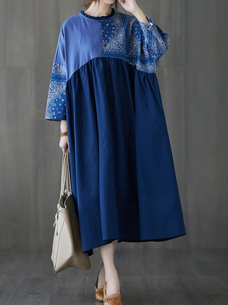 Paisley Patchwork Stand Collar Pleated Smock Midi Dress 2