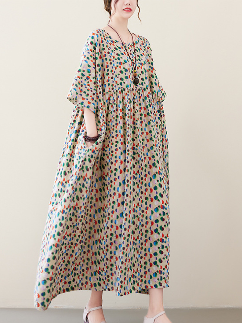 Spot Print Round Neck Half-Sleeve Smock Maxi Dress 3