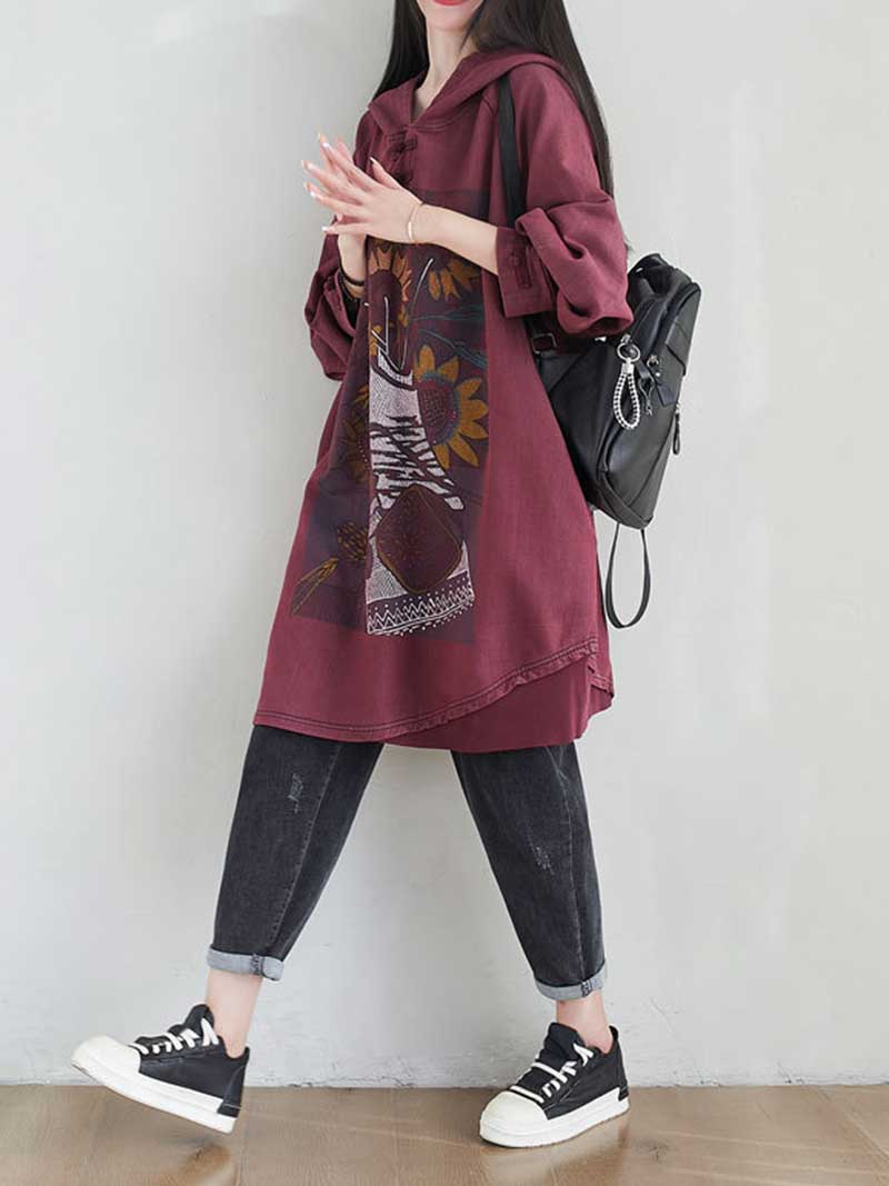 City Of Stars Floral Print Hooded Sweater Midi Dress - Fashionpara