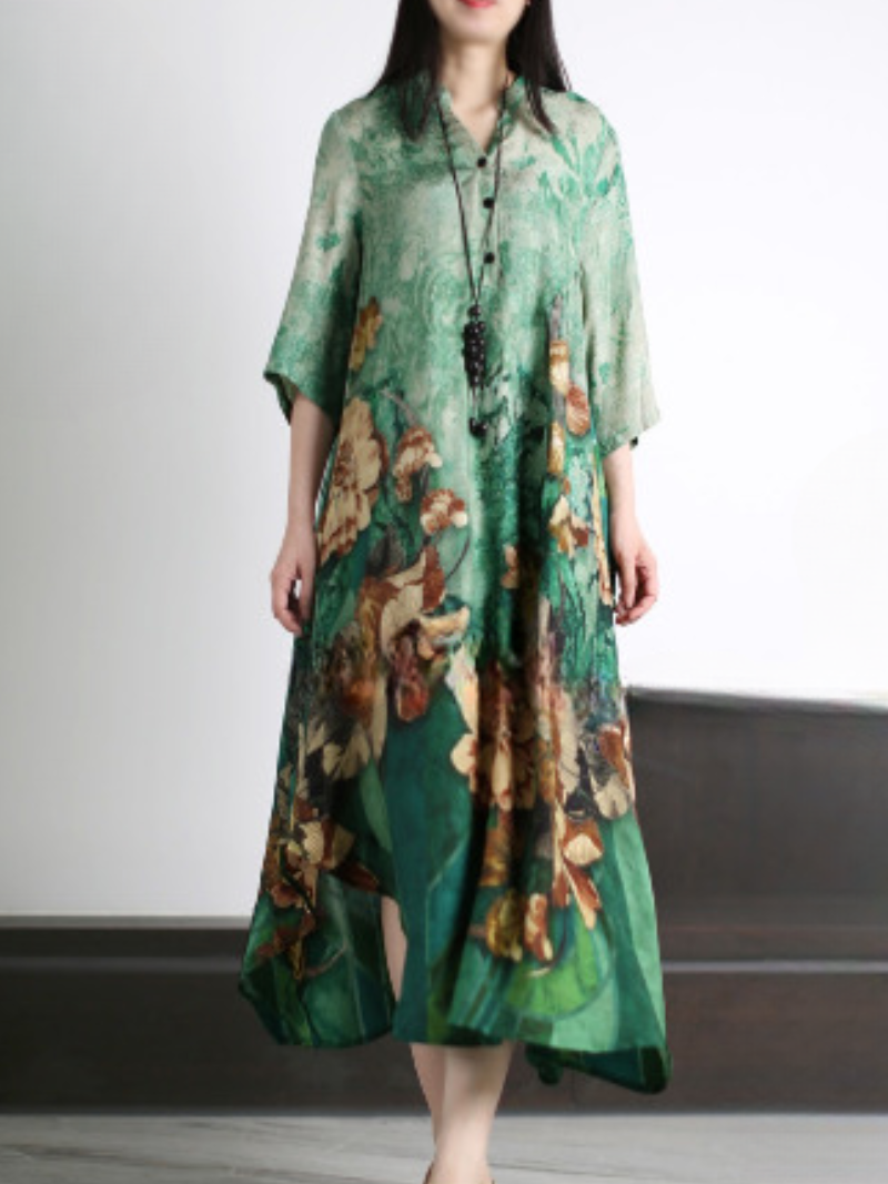 Floral Print Stand Collar Half-Sleeve A-Line Maxi Dress 5