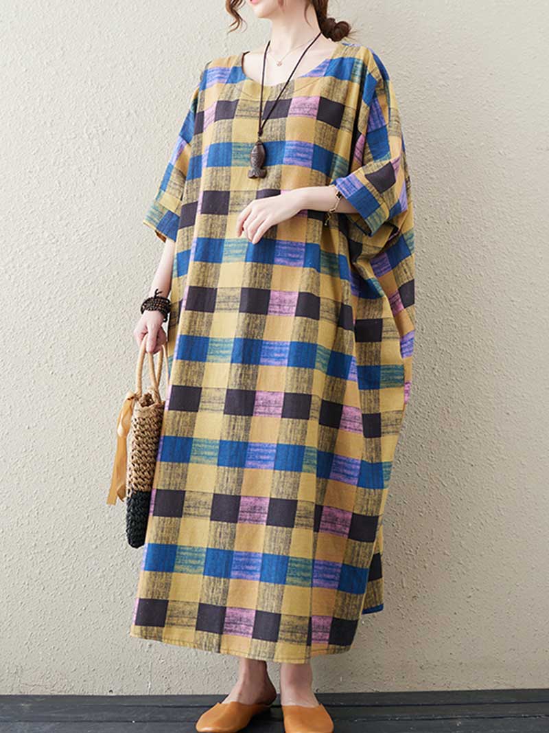 Plaid Check Round Neck Batwing Cocoon Midi Dress 5