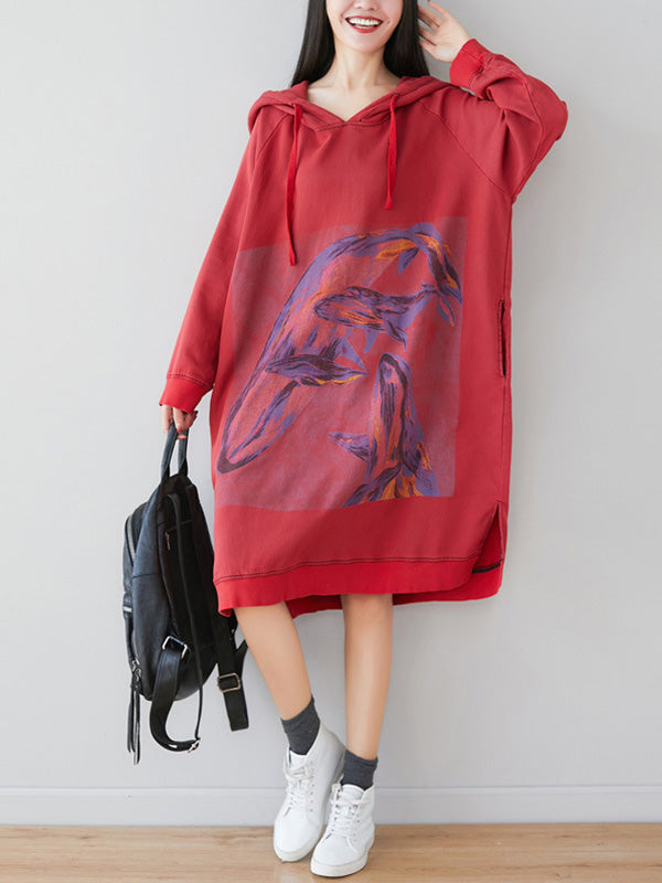 Loose Ethnic Floral Hooded Sweatshirt Dress - Fashionpara
