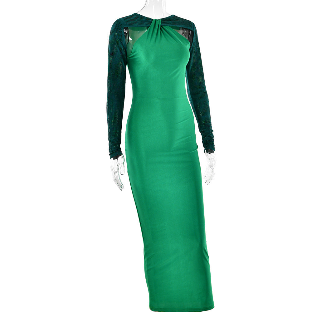 Rhinestone One-Sleeve Cutout Bodycon Maxi Dress 9