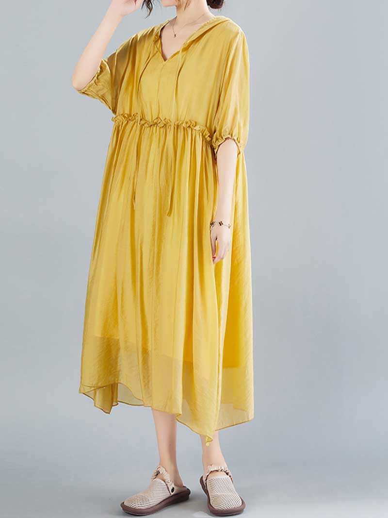 Plain Cotton Short Sleeves Hooded Style A-Line Dress 8