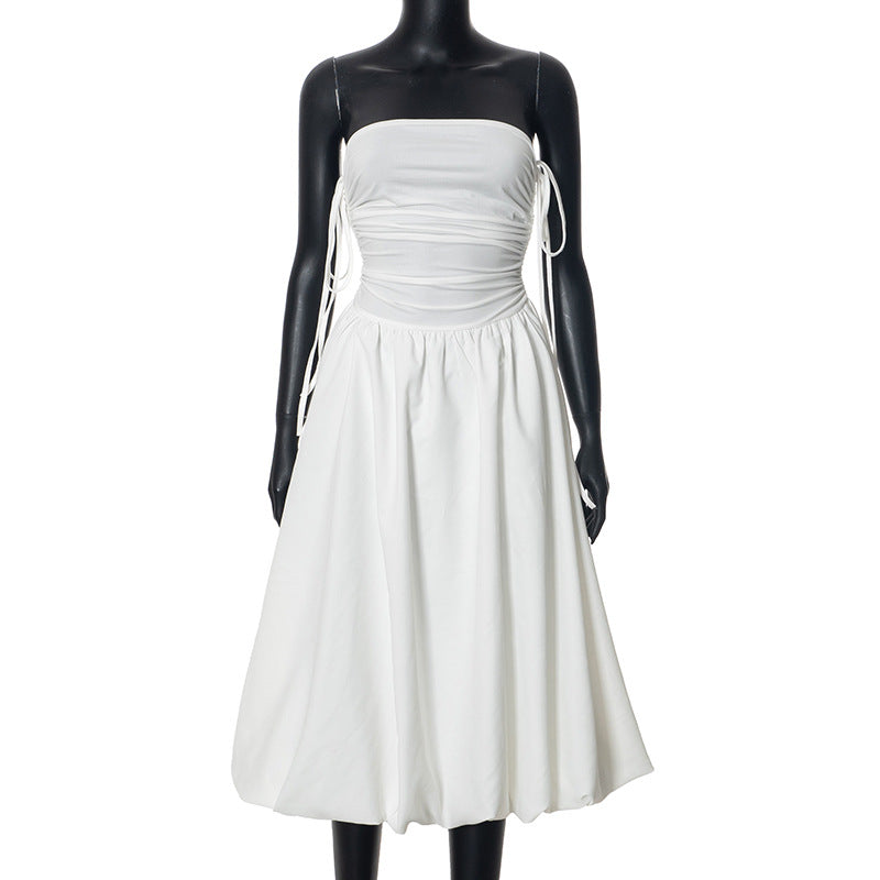 Tie-Strap Ruched Drop-Waist Bubble-Hem Midi Dress 9