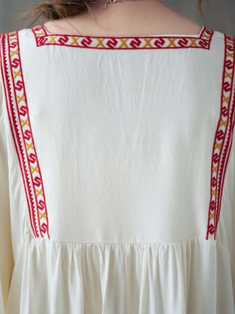Embroidered Yoke Split-Neck Flared Sleeve Pleated Maxi Dress 8