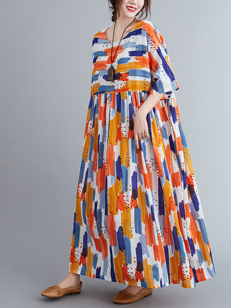 Abstract Print Round Neck Short Sleeve Smock Maxi Dress 4