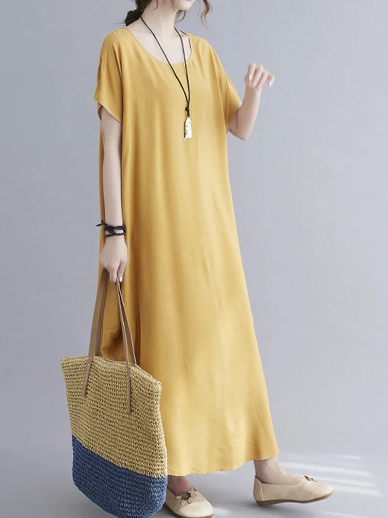 Cotton Round Neck Short Sleeve Cocoon Midi Dress 24