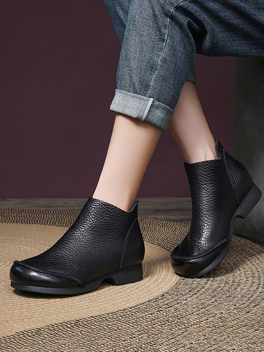 Elegant Solid Leather Spliced Low Heel Boots