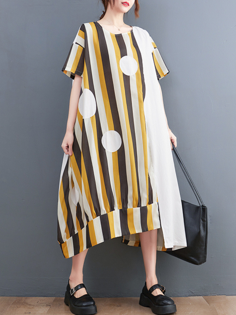 Striped Polka-Dot Round Neck Short Sleeve Cocoon Midi Dress