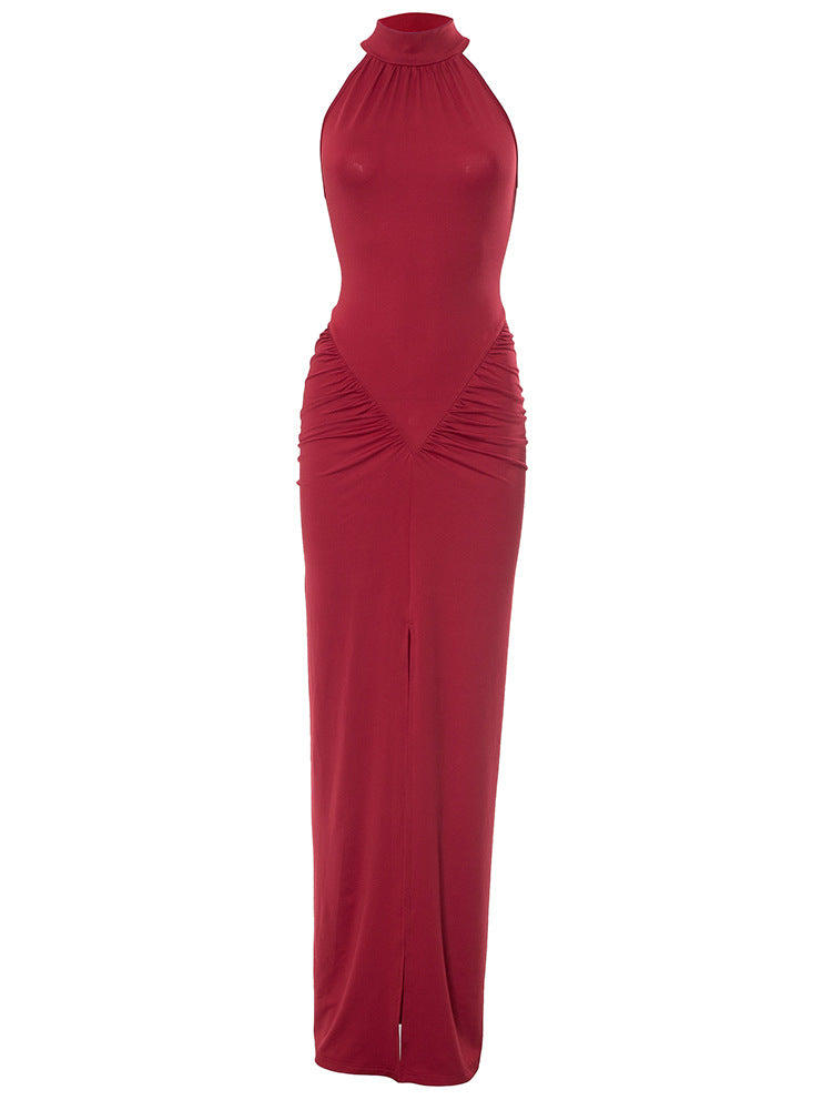 Mock-Neck Ruched Front-Slit Bodycon Maxi Dress 11