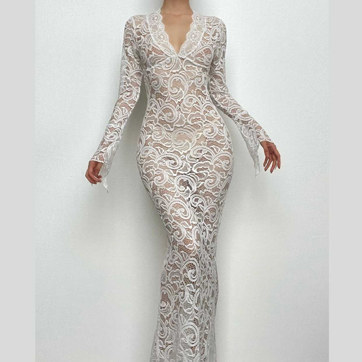 Lace see through long sleeve v neck solid maxi dress - View 3