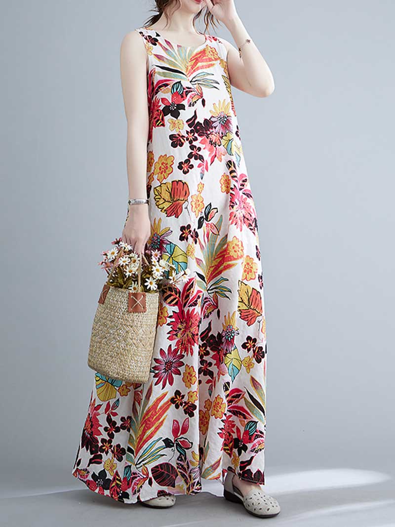 Sleeveless Cotton Floral A-Line Dress - Fashionpara