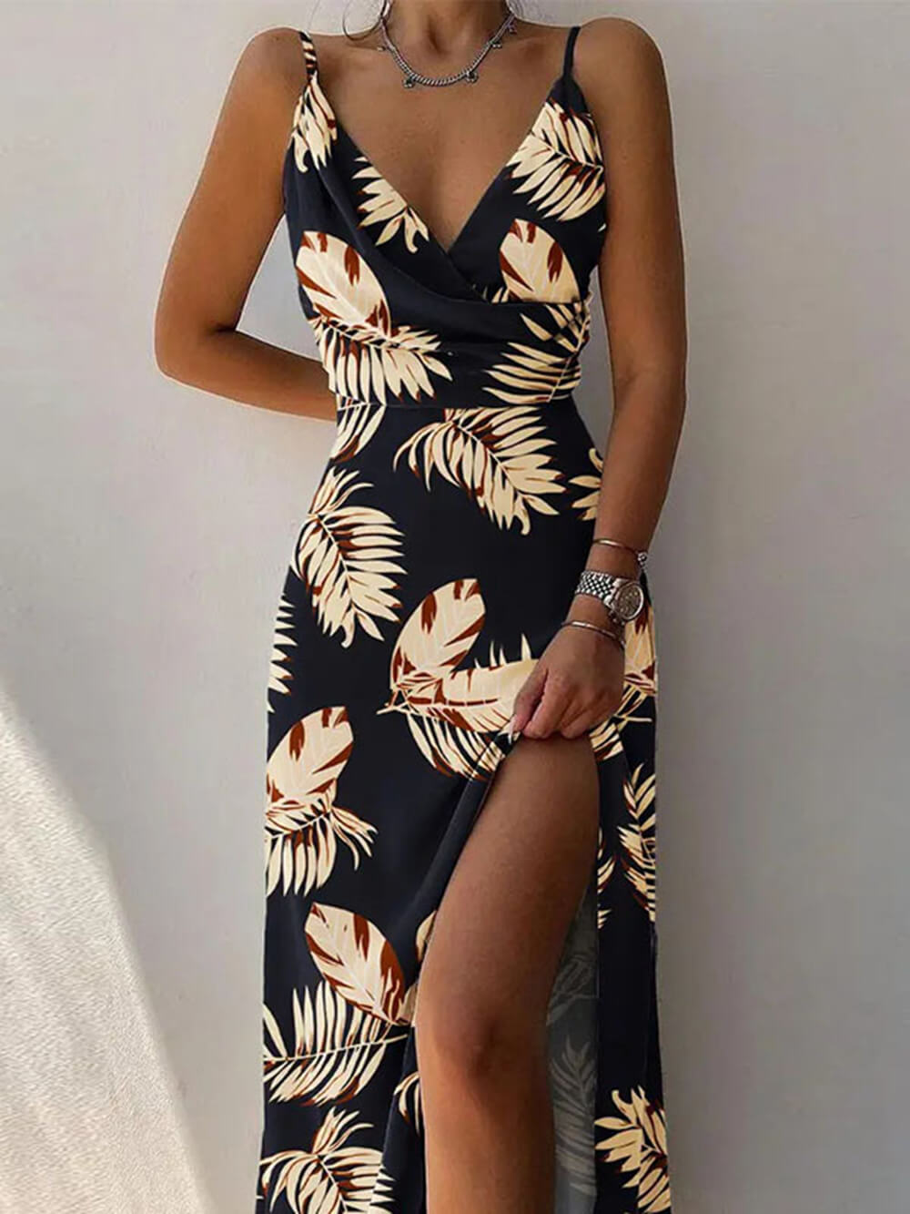 Elegant Unique Printed Spaghetti Strap Pleated Leg Slit Dress - Fashionpara