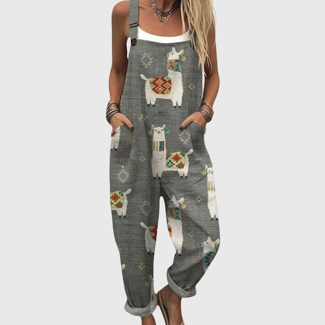 Llama Print Bib Pocket Overall Jumpsuit