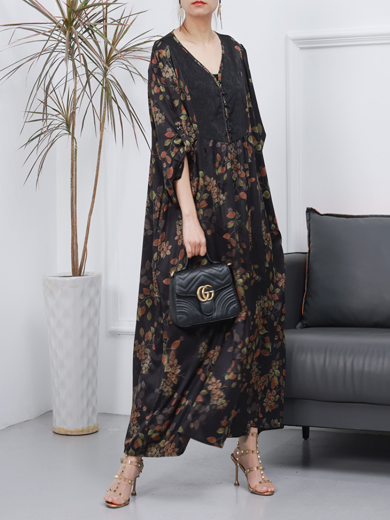 Women Retro Style Loose Printed Long Sleeves A-Line Dress - Fashionpara