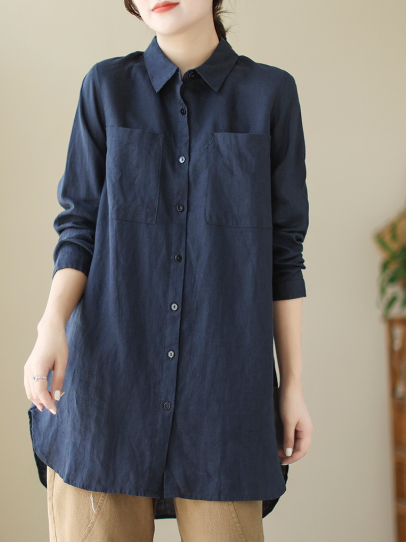 Casual Long-Sleeved Shirt Loose Mid-Length Button Shirt Top With Pocket - Fashionpara