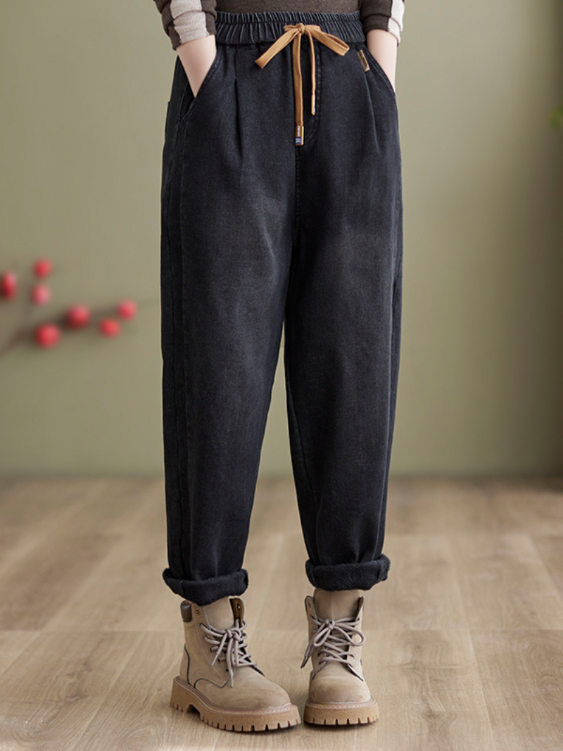 Winter Velvet Thickened Jeans Elastic waist Tied Harem Pants - Fashionpara