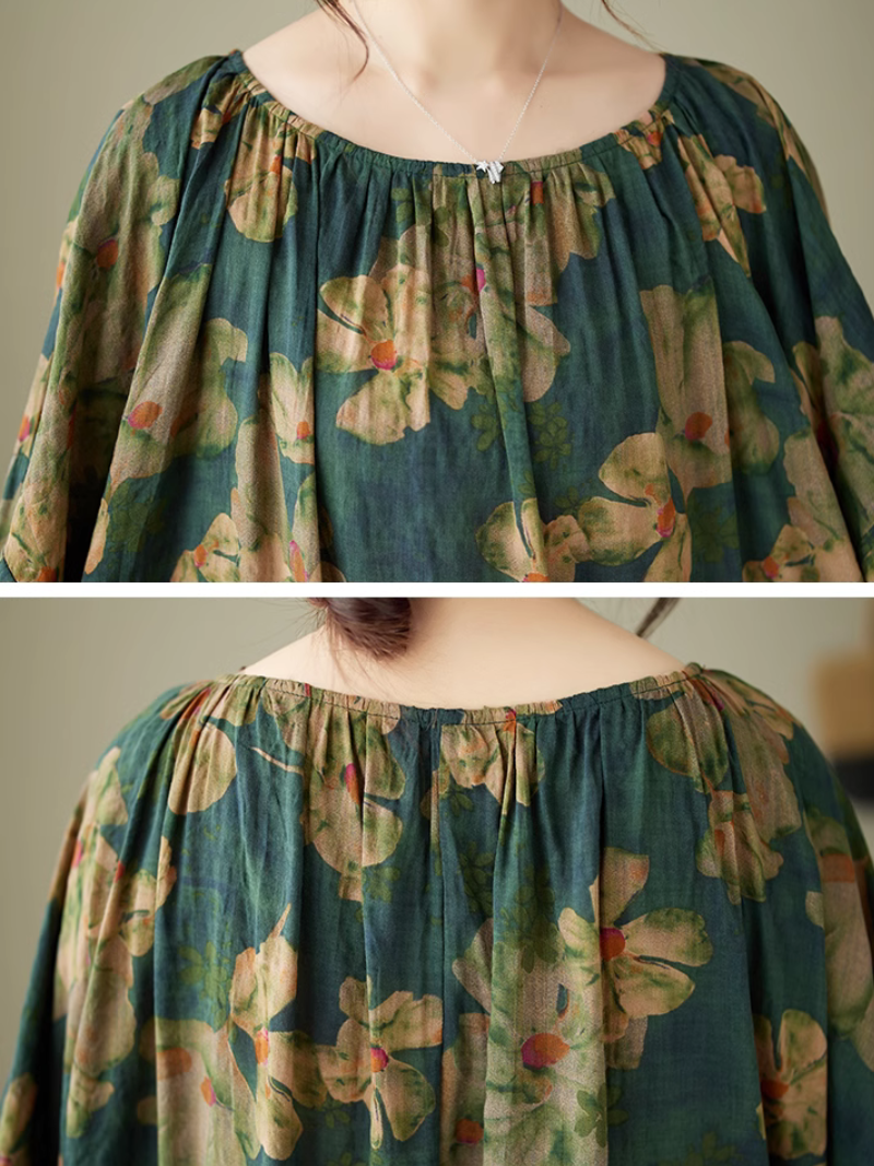 Abstract Floral Round Neck Lantern-Sleeve Loose Maxi Dress 3
