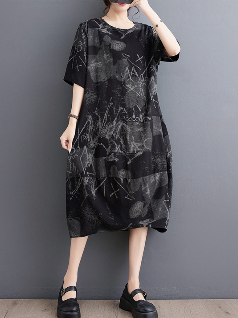 Down To Earth Round Neck Short Sleeves Midi Dress - Fashionpara